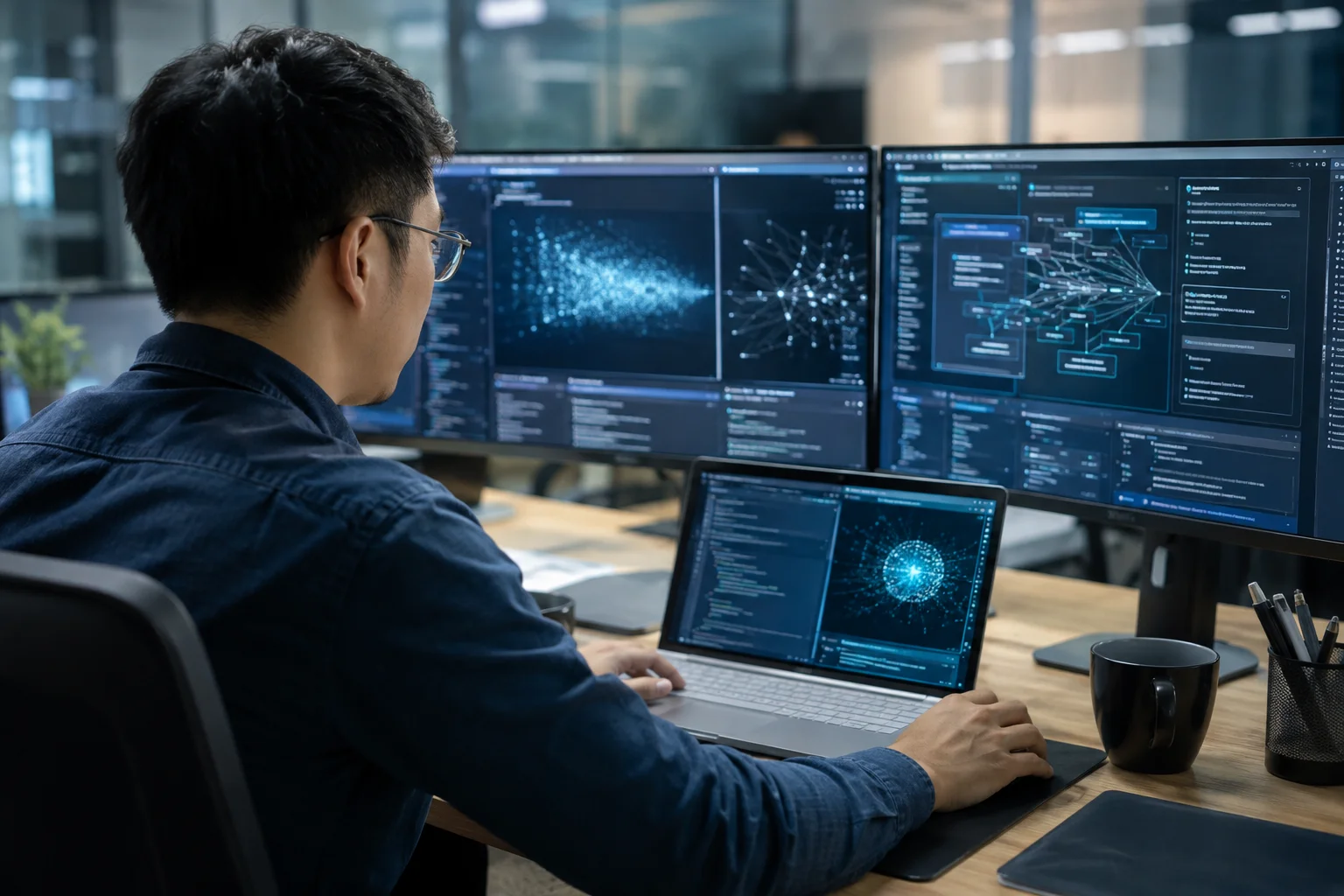 Generated image: Focused Developer at a Multi-Monitor Workstation